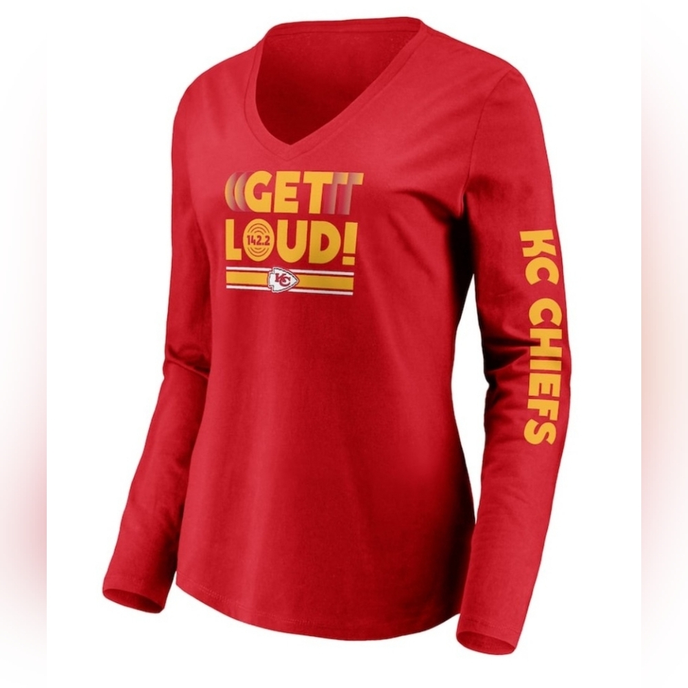 Fanatics KC Chief's Red and Yellow Womens Long Sleeve Tee Get Loud - Picture 2 of 7